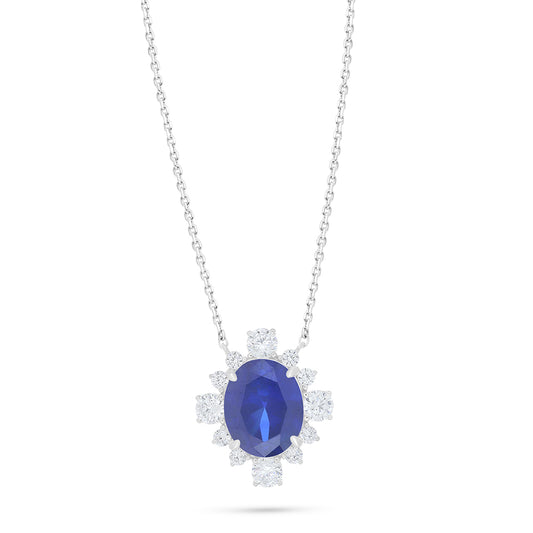 Sterling Silver 925 Necklace Rhodium Plated Embedded With Sapphire Corundum And White Zircon