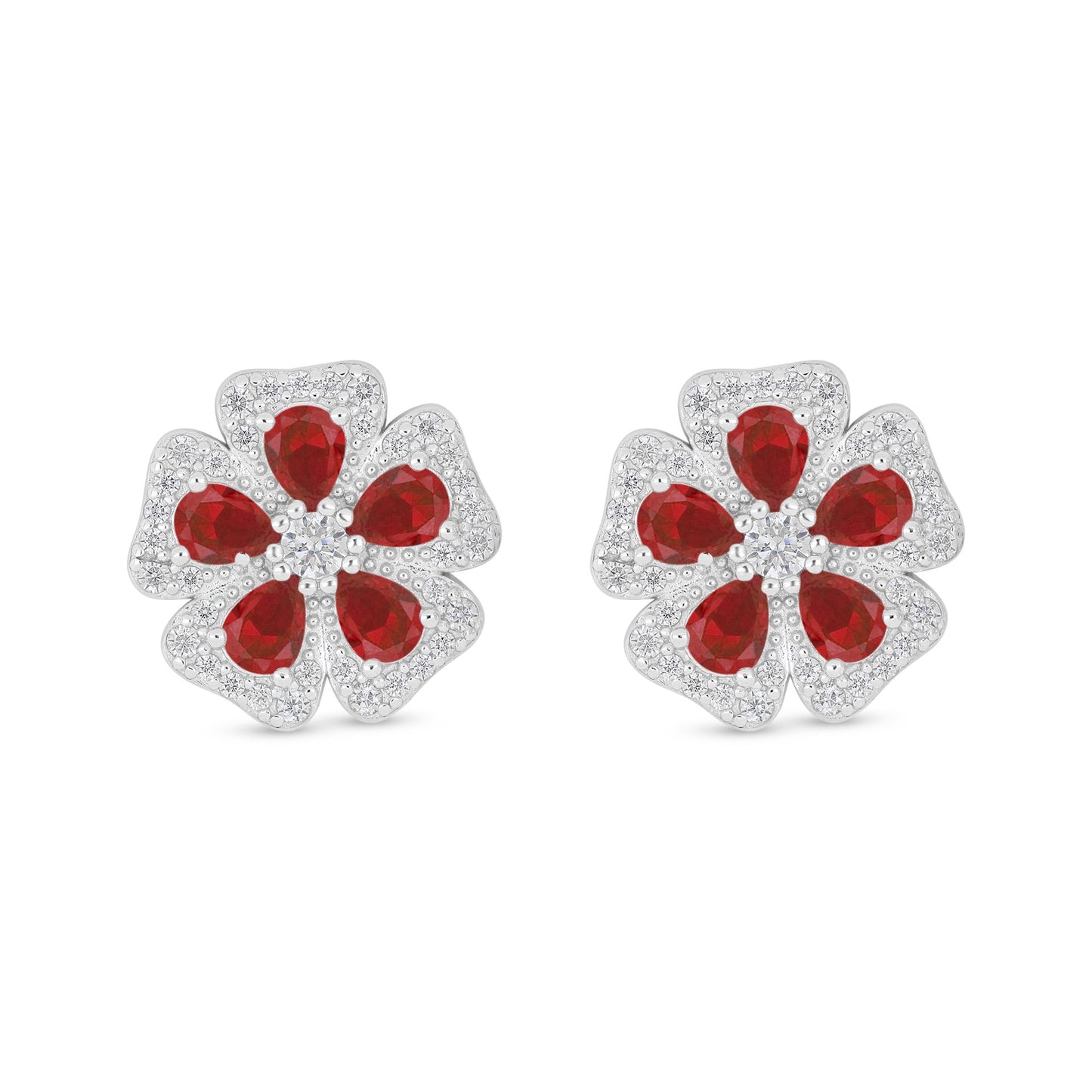 Sterling Silver 925 Earring Rhodium Plated Embedded With Ruby Corundum And White Zircon