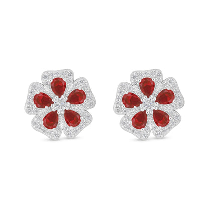 Sterling Silver 925 Earring Rhodium Plated Embedded With Ruby Corundum And White Zircon