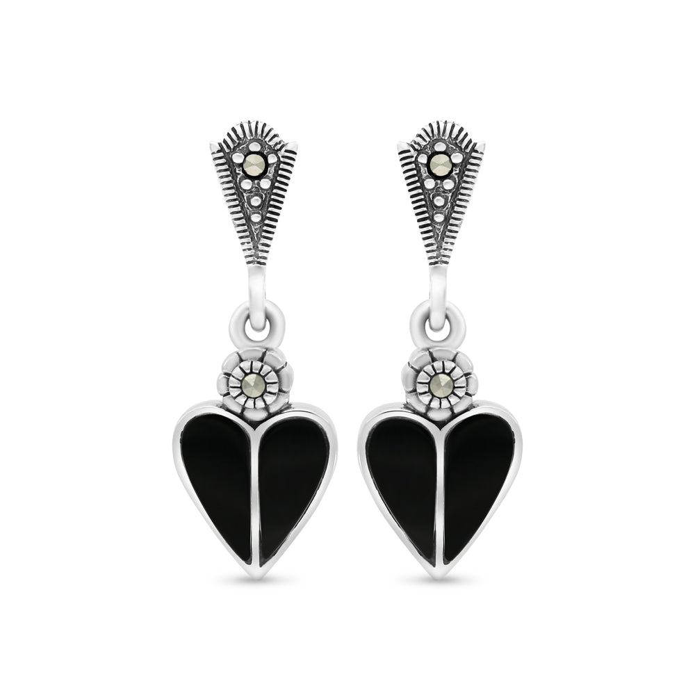 Sterling Silver 925 Earring Embedded With Natural Black Agate And Marcasite Stones