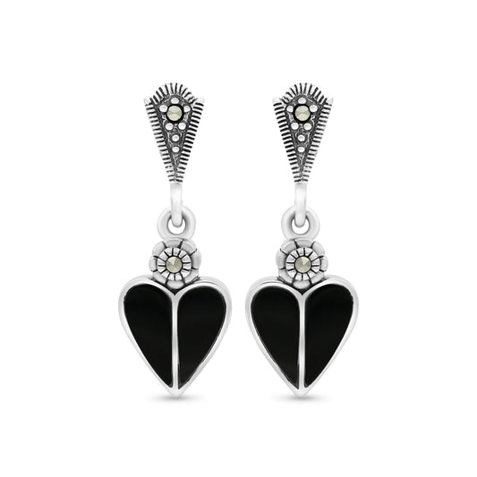 Sterling Silver 925 Earring Embedded With Natural Black Agate And Marcasite Stones