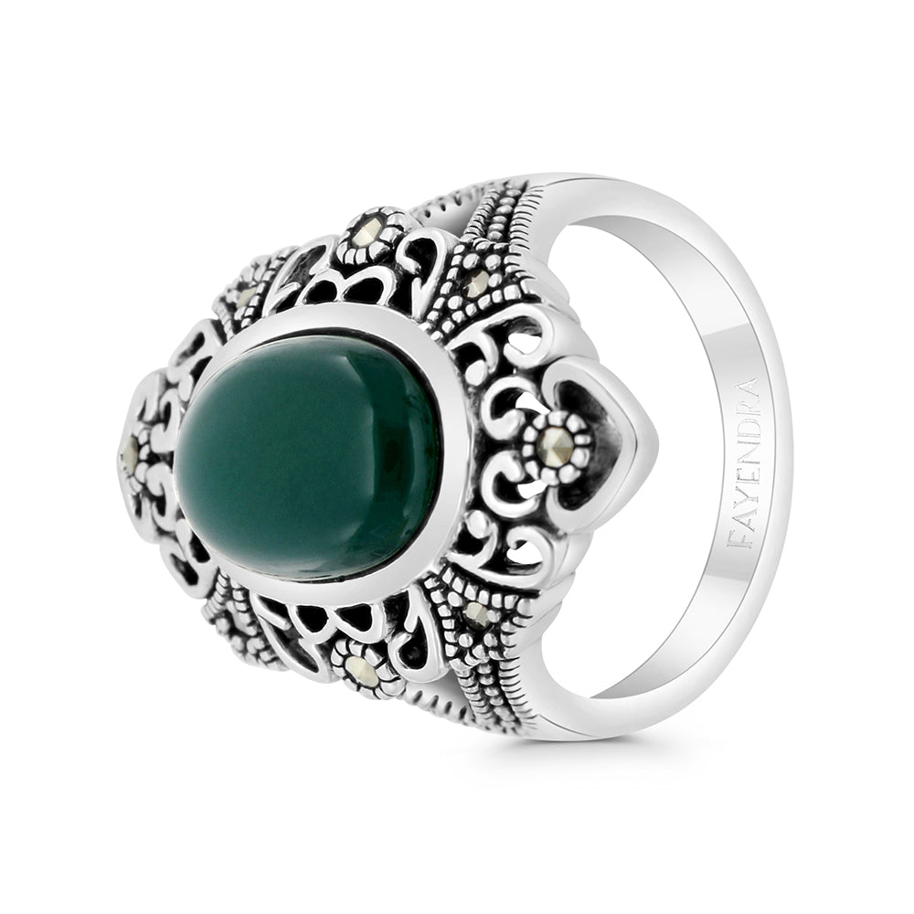 Sterling Silver 925 Ring Embedded With Natural Green Agate And Marcasite Stones
