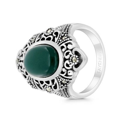 Sterling Silver 925 Ring Embedded With Natural Green Agate And Marcasite Stones