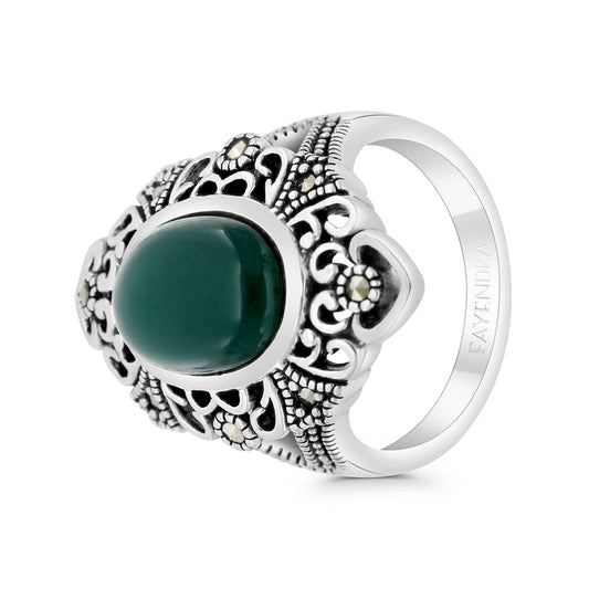 Sterling Silver 925 Ring Embedded With Natural Green Agate And Marcasite Stones