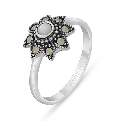 Sterling Silver 925 Ring Embedded With Natural White Shell And Marcasite Stones