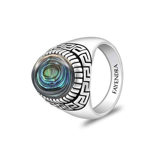 Sterling Silver 925 Ring Rhodium And Black Plated Embedded With Cabochon Paua Shell For Men