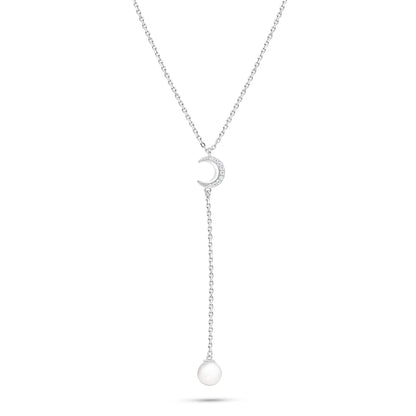 Sterling Silver 925 Necklace Rhodium Plated Embedded With Natural White Pearl And White Zircon
