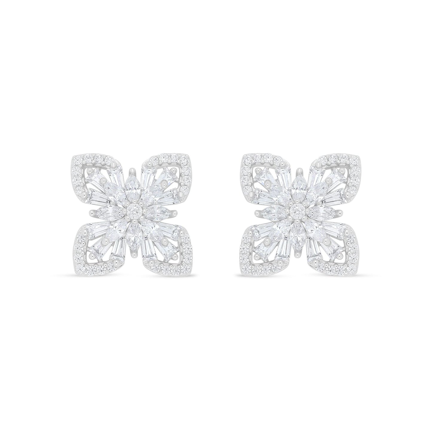 Sterling Silver 925 Earring Rhodium Plated Embedded With White Zircon
