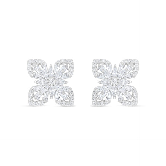 Sterling Silver 925 Earring Rhodium Plated Embedded With White Zircon