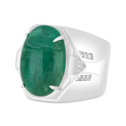 Sterling Silver 925 Men Ring Rhodium Plated Embedded With Natural Emerald And Natural Diamond