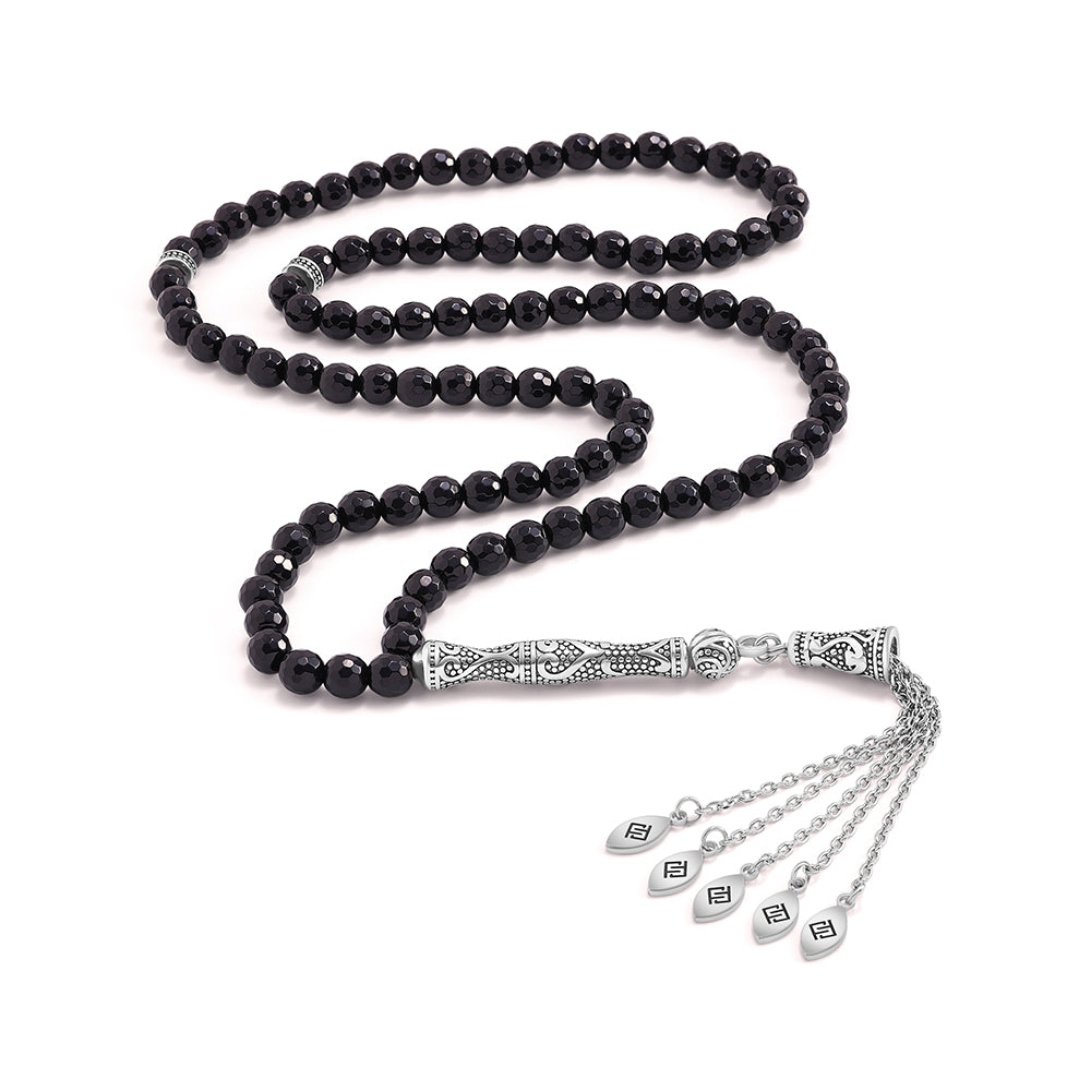 Rosary 100 Black Agete Beads 6 mm Faceted With Stainless Steel 316L Set Silver And Black Plated