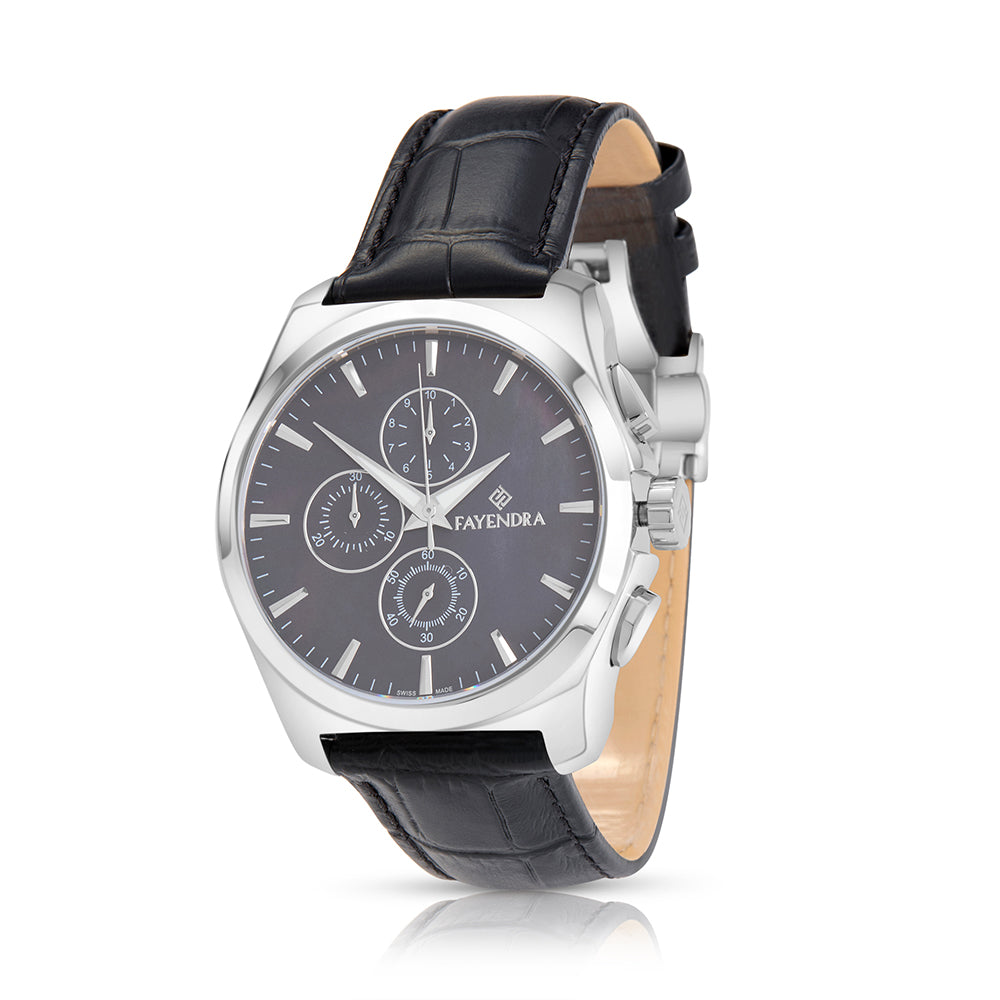 Stainless Steel 316L Watch Silver Color Black Leather For Men - BLACK MOP DIAL