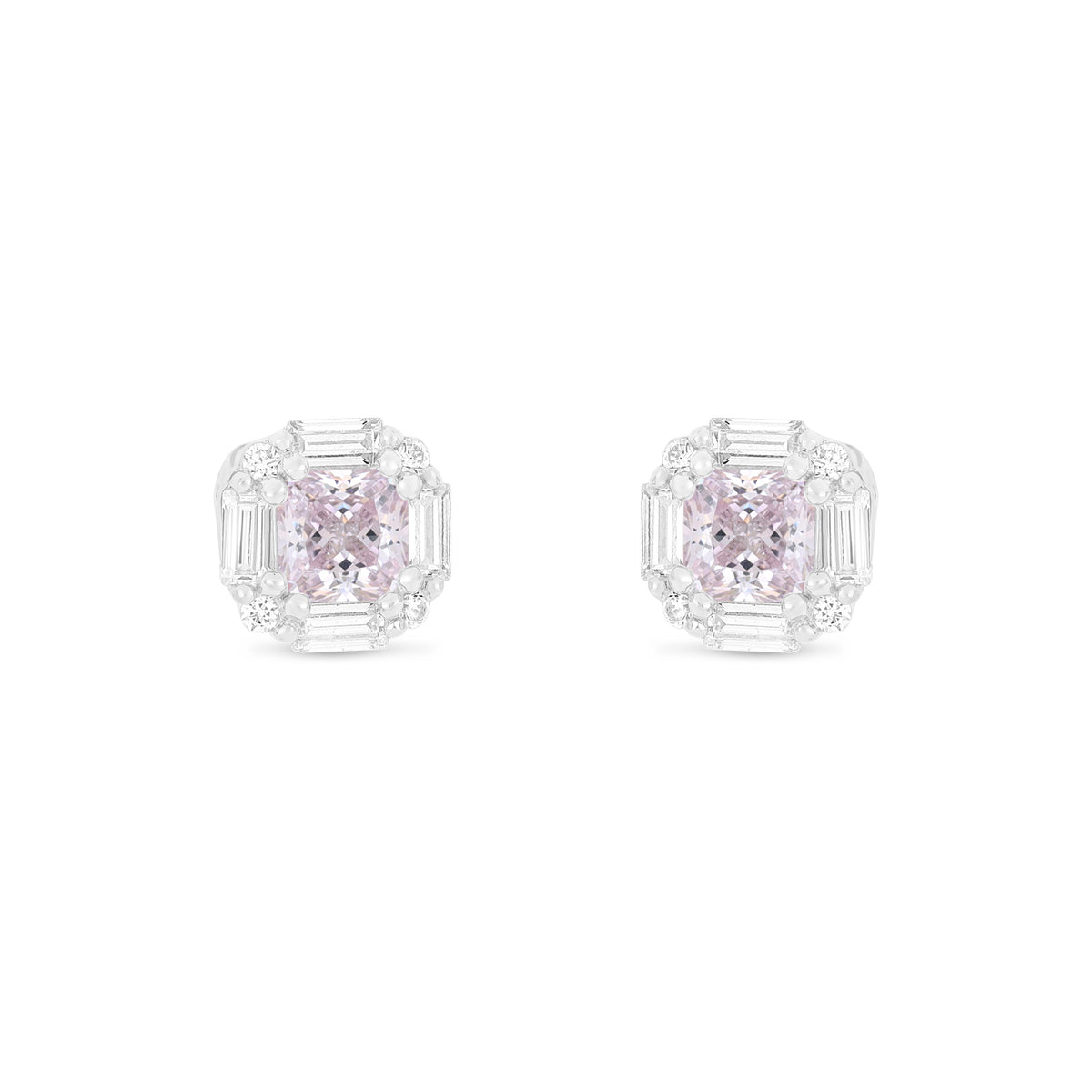 Sterling Silver 925 Earring Rhodium Plated Embedded With Pink Zircon And White Zircon
