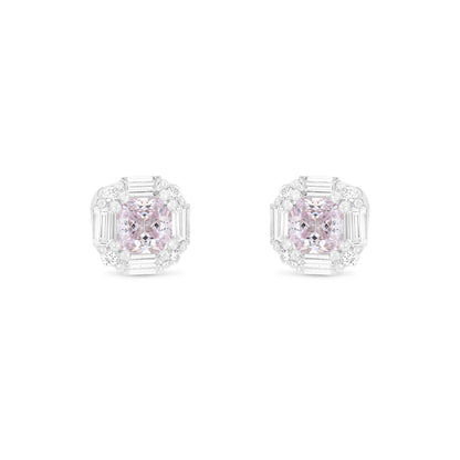 Sterling Silver 925 Earring Rhodium Plated Embedded With Pink Zircon And White Zircon