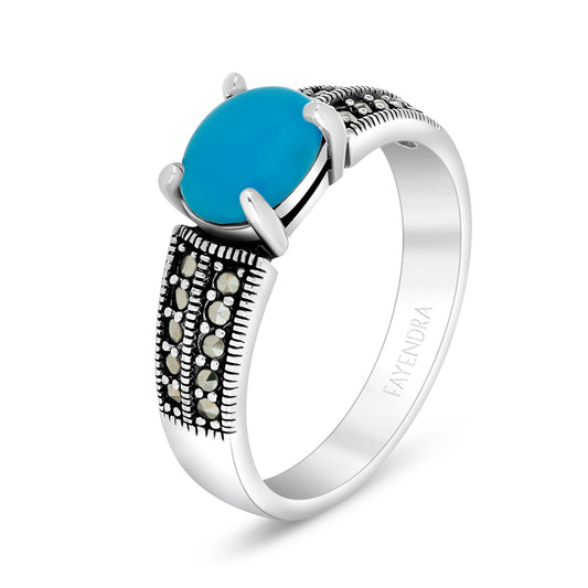 Sterling Silver 925 Ring Embedded With Natural Processed Turquoise And Marcasite Stones