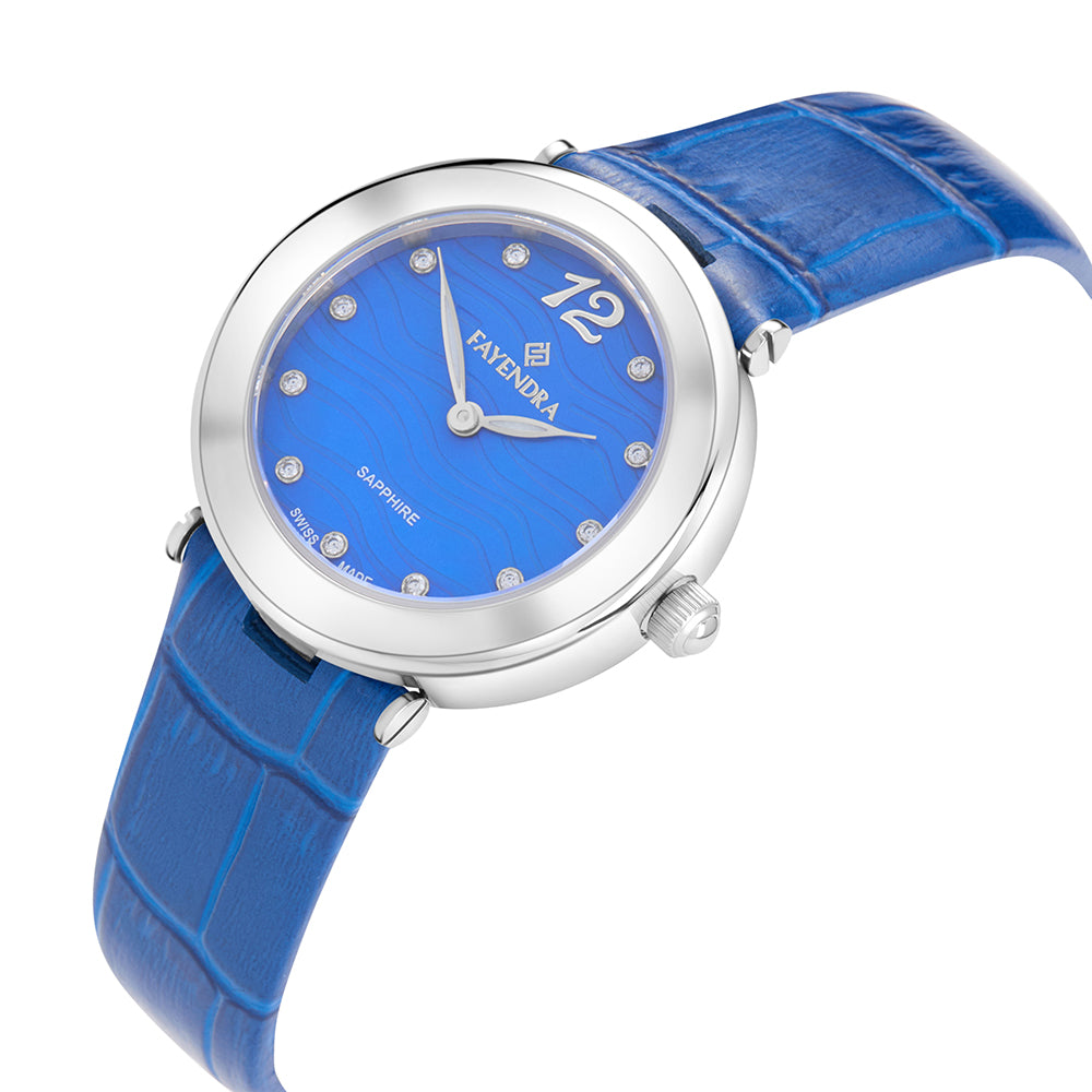 Stainless Steel 316L Watch Silver Color Blue Leather And White Zircon - BLUE MOP DIAL