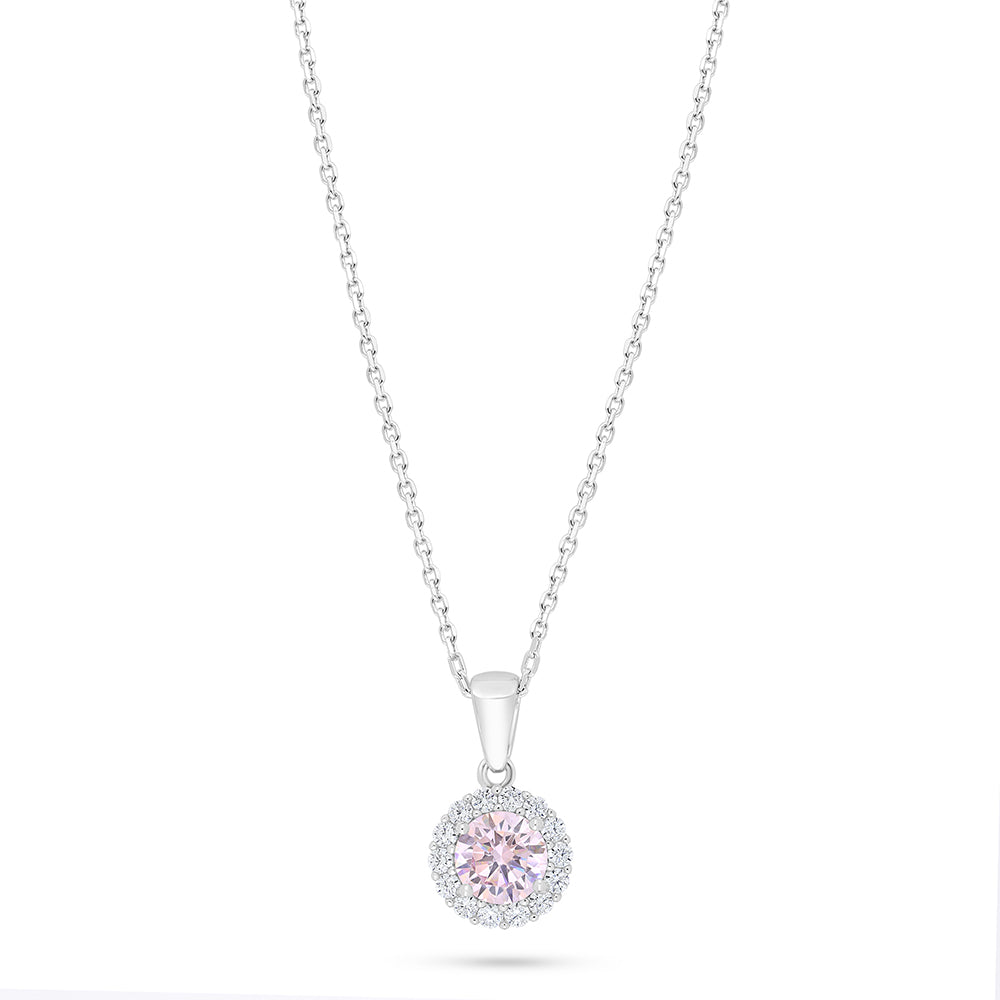 Sterling Silver 925 Necklace Rhodium Plated Embedded With Pink Zircon And White Zircon