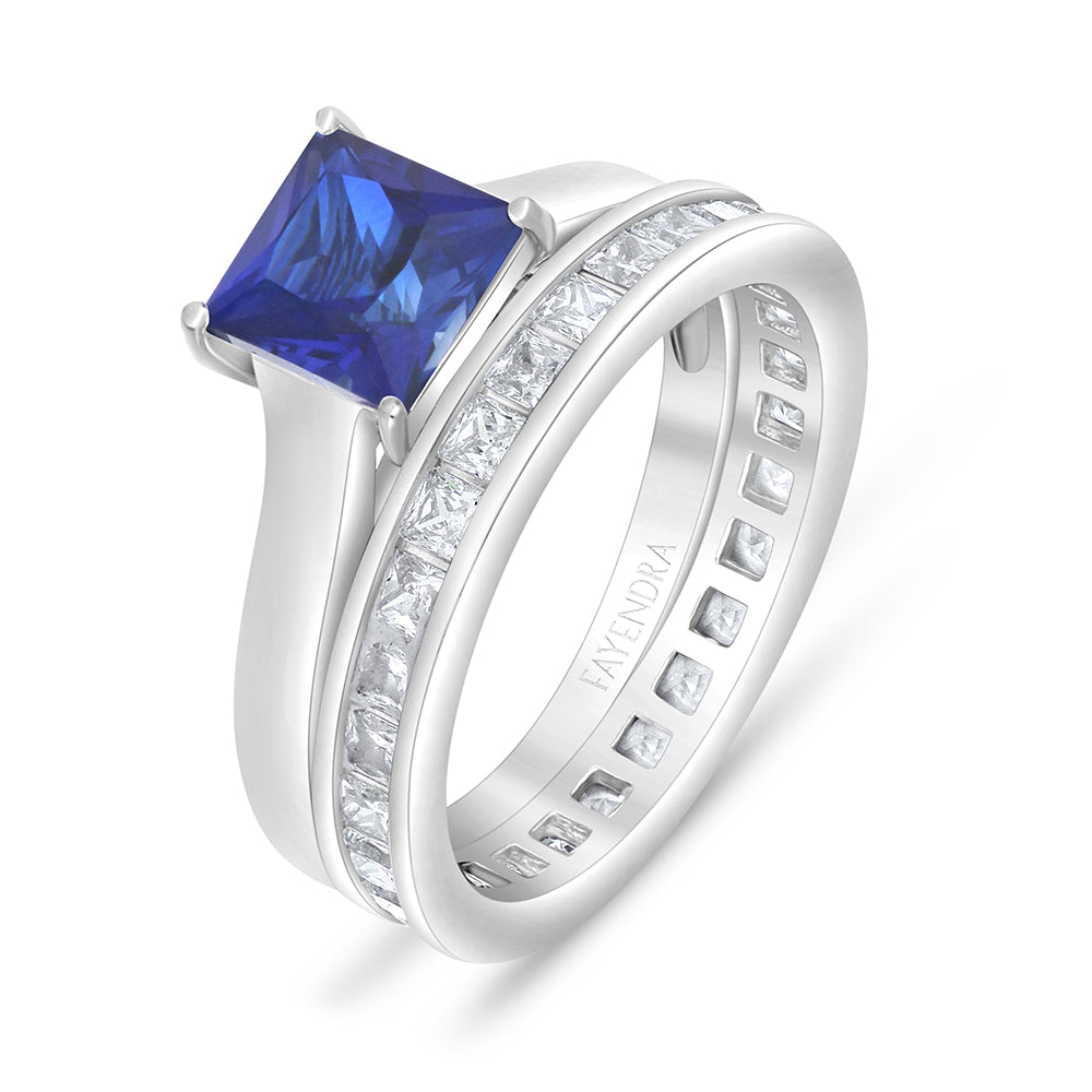 Sterling Silver 925 Ring  Rhodium Plated Embedded With Sapphire Corundum And White Zircon