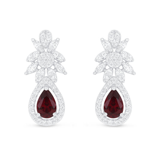 Sterling Silver 925 Earring Rhodium Plated Embedded With Ruby Corundum And White Zircon