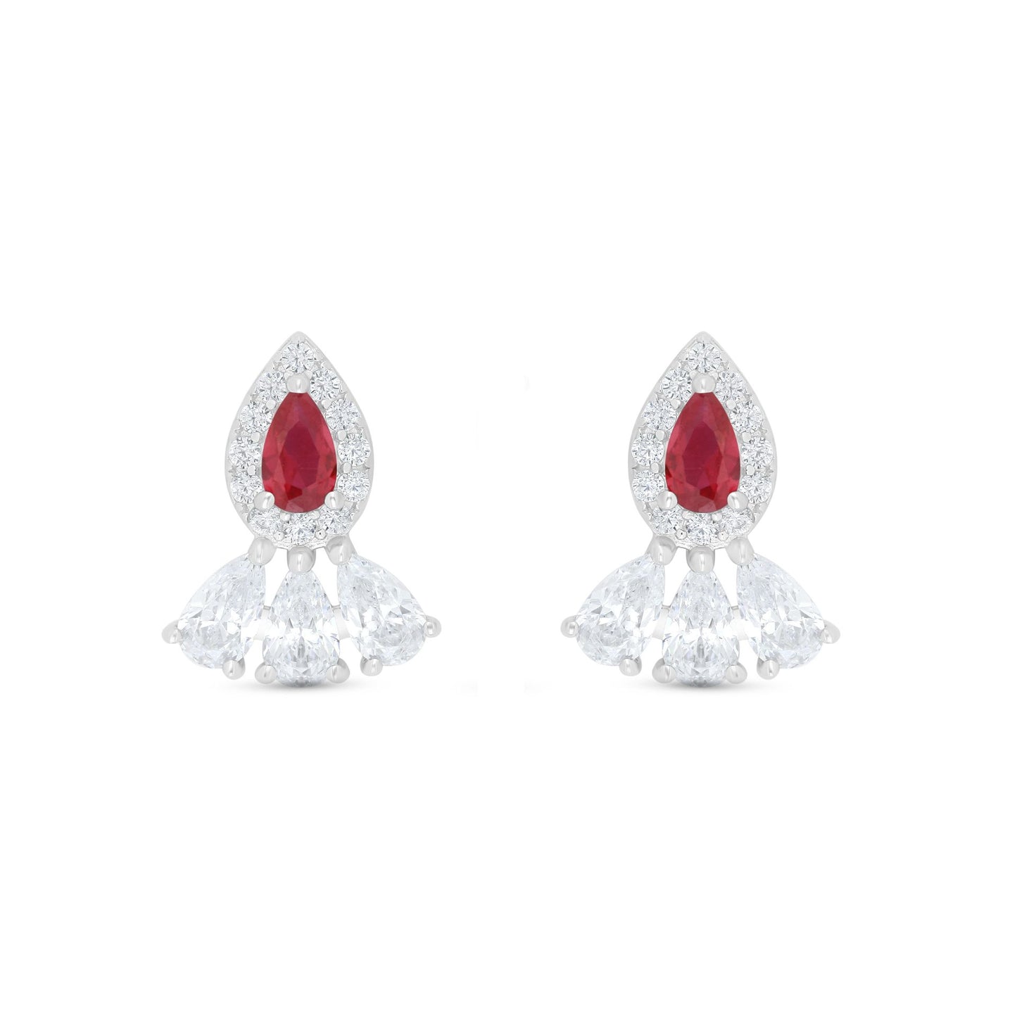 Sterling Silver 925 Earring Rhodium Plated Embedded With Ruby Corundum And White Zircon