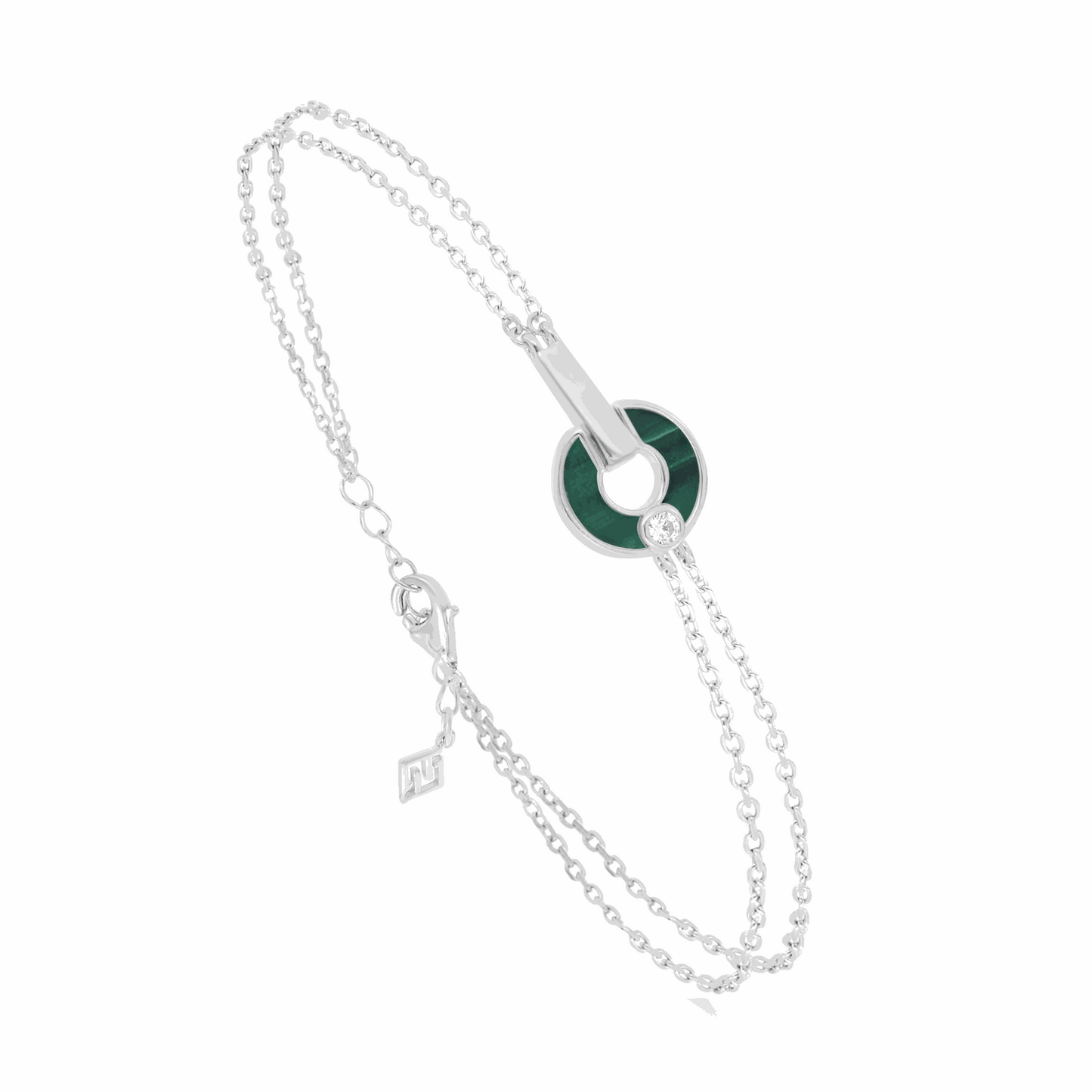 Sterling Silver 925 Bracelet Rhodium Plated Embedded With Malachite Stones And White Zircon