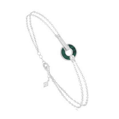 Sterling Silver 925 Bracelet Rhodium Plated Embedded With Malachite Stones And White Zircon