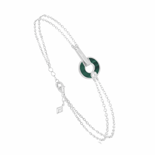 Sterling Silver 925 Bracelet Rhodium Plated Embedded With Malachite Stones And White Zircon