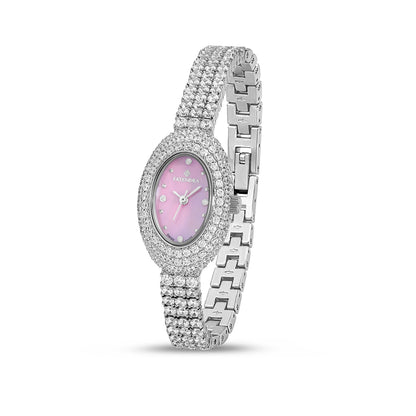 Stainless Steel 316L Watch Silver Color Embedded With White Zircon - PINK MOP DIAL
