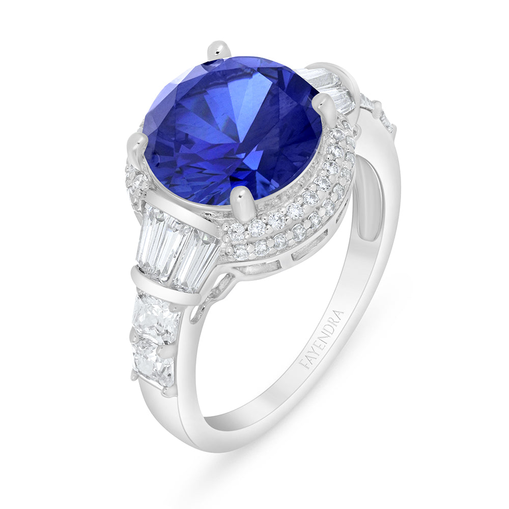 Sterling Silver 925 Ring Rhodium Plated Embedded With Sapphire Corundum And White Zircon