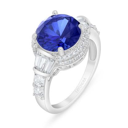 Sterling Silver 925 Ring Rhodium Plated Embedded With Sapphire Corundum And White Zircon