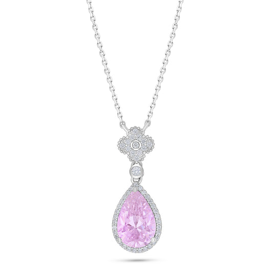 Sterling Silver 925 Necklace Rhodium Plated Embedded With Pink Zircon And White Zircon