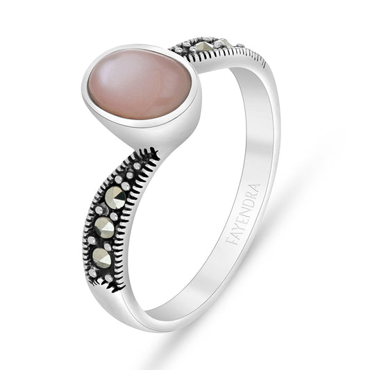 Sterling Silver 925 Ring Embedded With Natural Pink Shell And Marcasite Stones