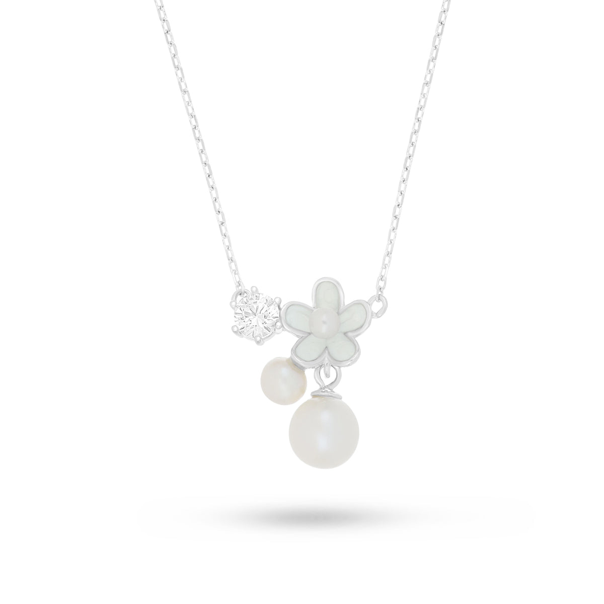 Sterling Silver 925 Necklace Rhodium Plated Embedded With Natural White Pearl And White Zircon