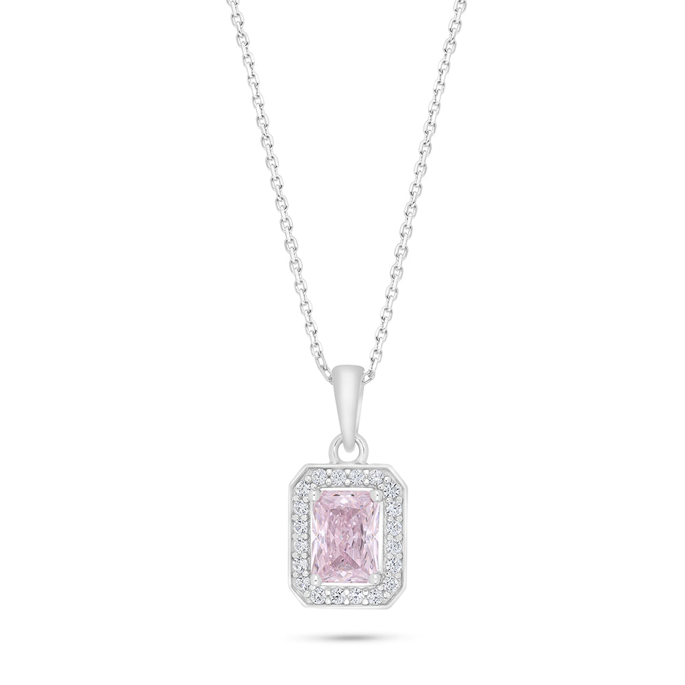Sterling Silver 925 Necklace Rhodium Plated Embedded With pink Zircon And White Zircon