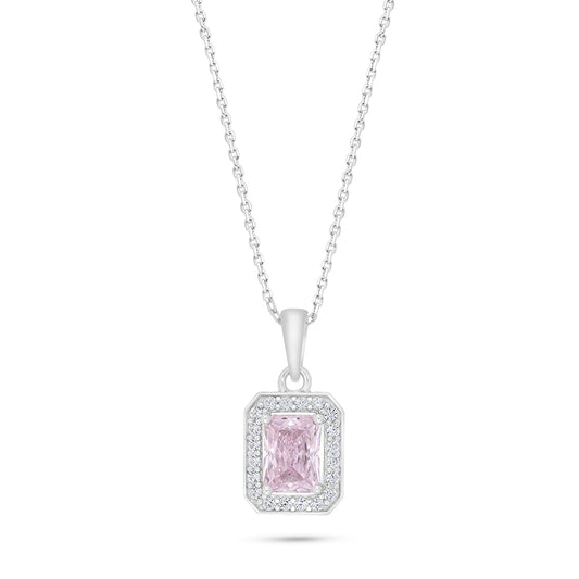 Sterling Silver 925 Necklace Rhodium Plated Embedded With pink Zircon And White Zircon