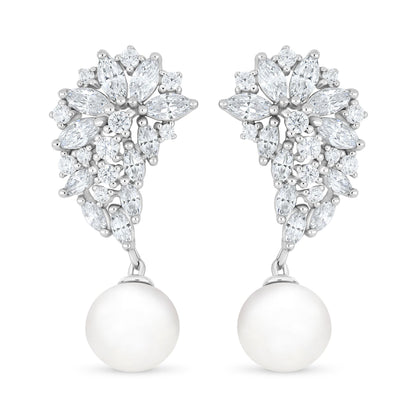 Sterling Silver 925 Earring Rhodium Plated Embedded With Natural White Pearl And White Zircon