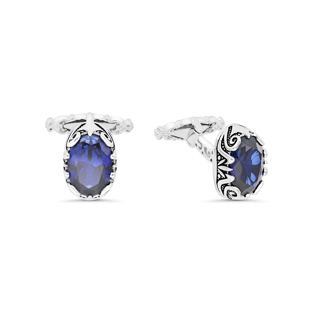 Sterling Silver 925 Cufflink Rhodium And Black Plated Embedded With Sapphire Corundum