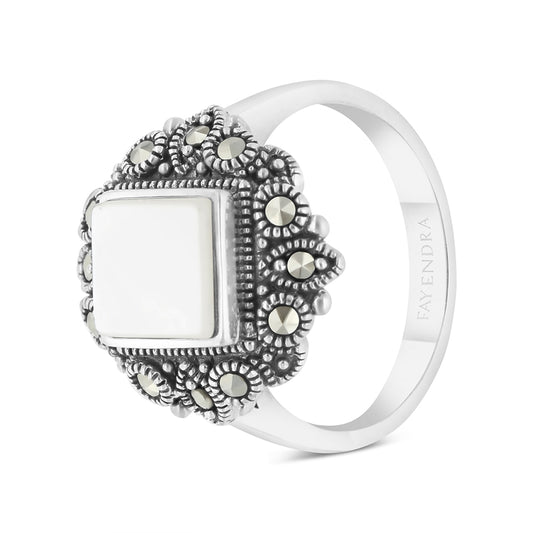 Sterling Silver 925 Ring Embedded With Natural White Shell And Marcasite Stones