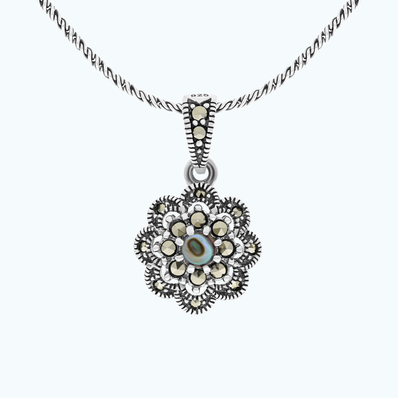 Sterling Silver 925 Pendant Embedded With Natural Blue Shell And Marcasite Stones