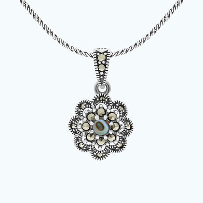 Sterling Silver 925 Pendant Embedded With Natural Blue Shell And Marcasite Stones