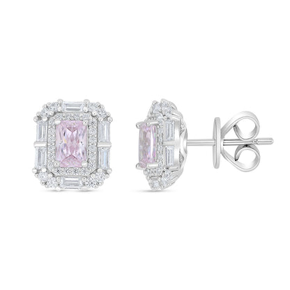 Sterling Silver 925 Earring Rhodium Plated Embedded With Pink Zircon And White Zircon