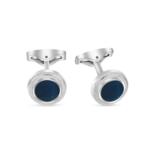 Stainless Steel Cufflink 316L Silver Color Embedded With Blue Tiger Eye Shiny Steel