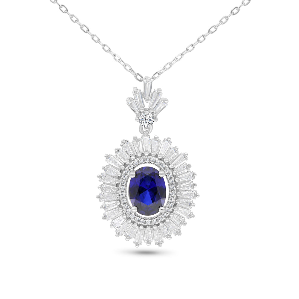 Sterling Silver 925 Necklace Rhodium Plated Embedded With Sapphire Corundum And White Zircon
