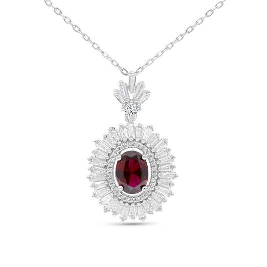 Sterling Silver 925 Necklace Rhodium Plated Embedded With Ruby Corundum And White Zircon