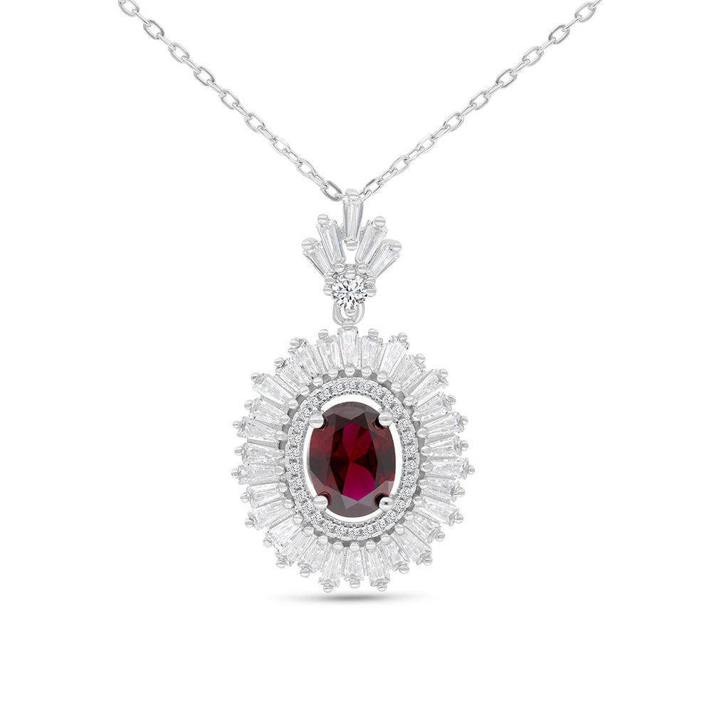 Sterling Silver 925 Necklace Rhodium Plated Embedded With Ruby Corundum And White Zircon