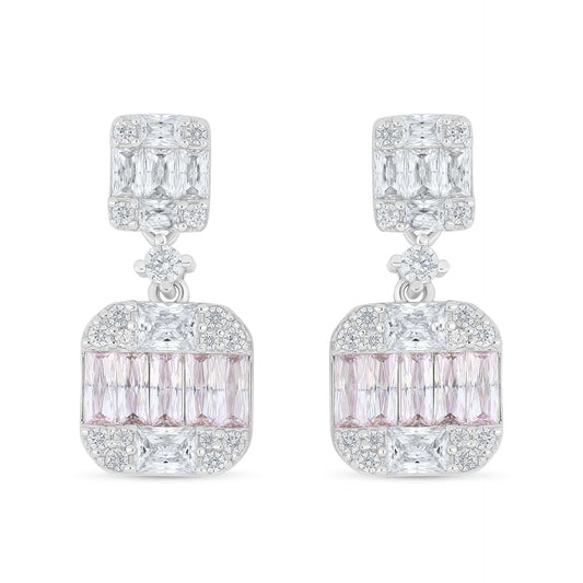 Sterling Silver 925 Earring Rhodium Plated Embedded With pink Zircon And White Zircon