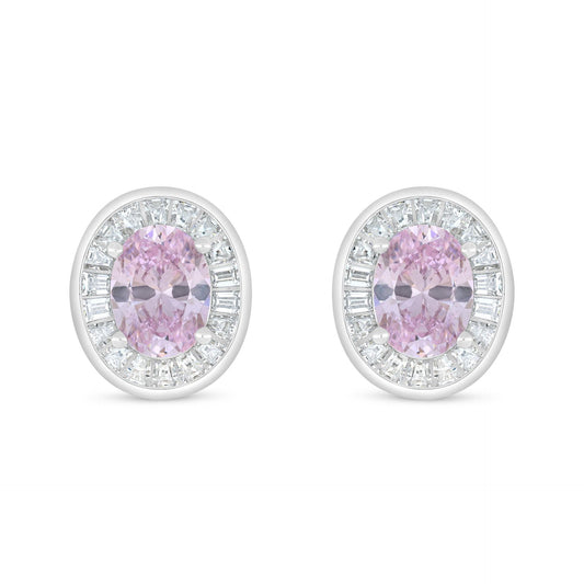 Sterling Silver 925 Earring Rhodium Plated Embedded With Pink Zircon And White Zircon