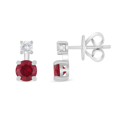 Sterling Silver 925 Earring Rhodium Plated Embedded With Ruby Corundum And White Zircon