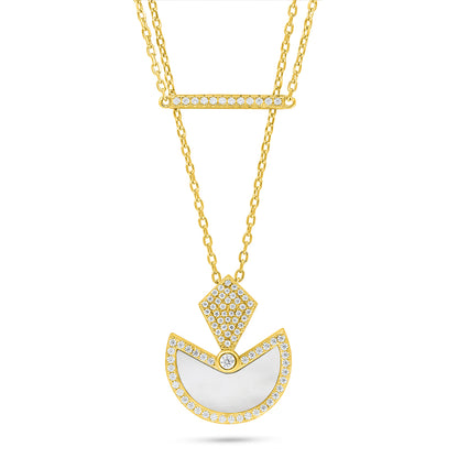 عقد من الفضة الخالصة عيار 925 مطلي ذهبي مرصع صدف ابيض و فص ابيض