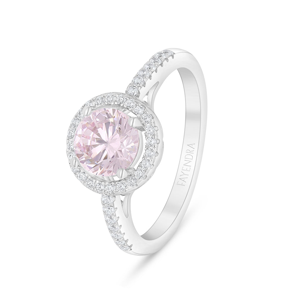 Sterling Silver 925 Ring Rhodium Plated Embedded With Pink Zircon And White Zircon